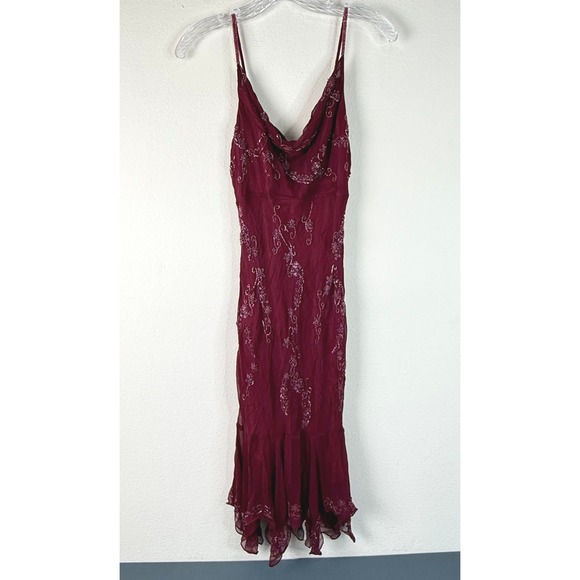 Scala Dresses & Skirts - Scala Dress Womens S Burgundy Silk Beaded Handkerchief Hem Cowl Neck Y2K